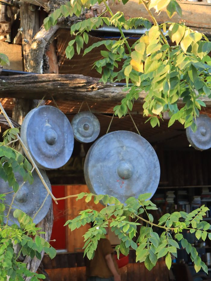 Hanging gongs with lush green leaves in Kon Tum, Vietnam, showcasing cultural heritage.