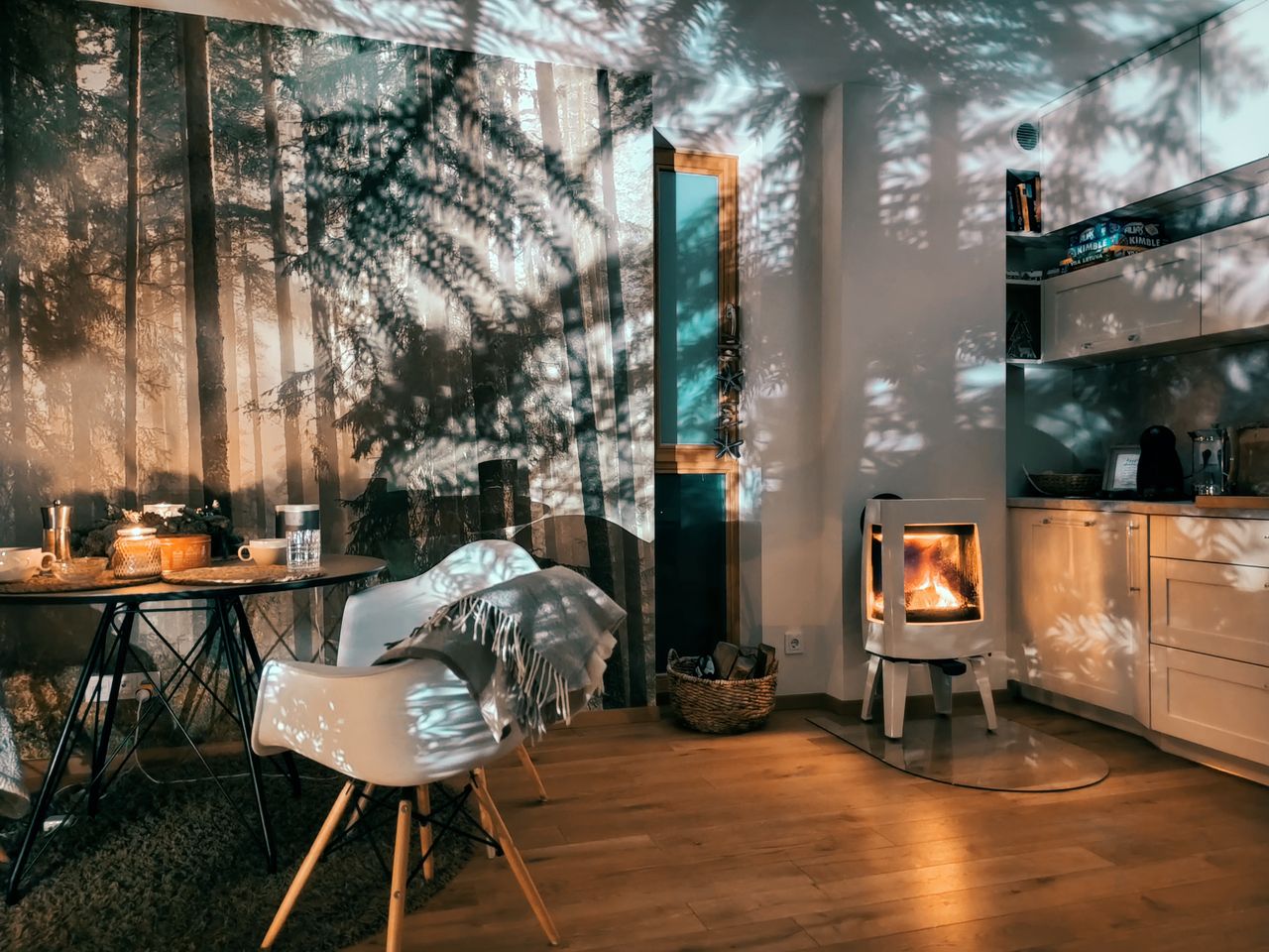 Warm and inviting home interior in Lithuania with cozy fireplace and shadow play.